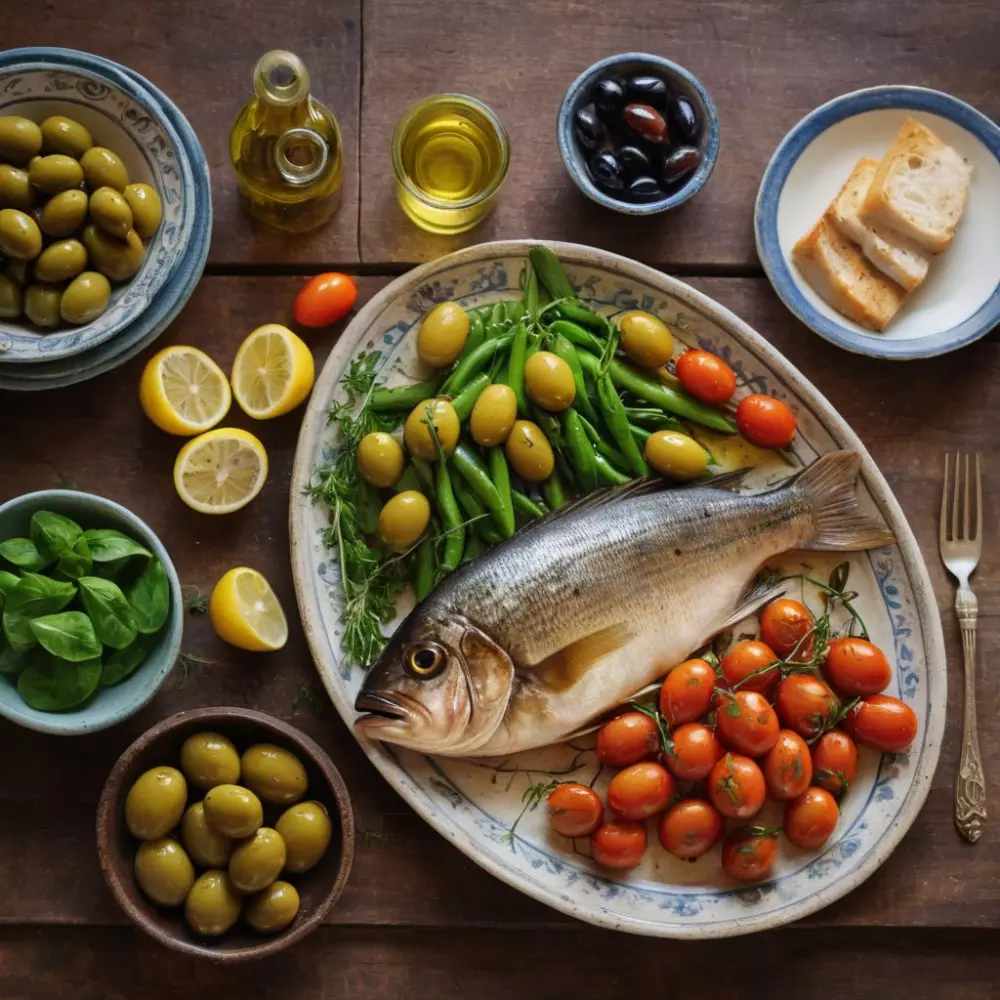 Ein bunter mediterraner Mahlzeit auf einem rustikalen Tisch, mit Oliven, Fisch und frischem Gemüse, fotografiert mit einem mittleren Schuss, der die lebendigen Farben und Texturen der mediterranen Küche einfängt.
