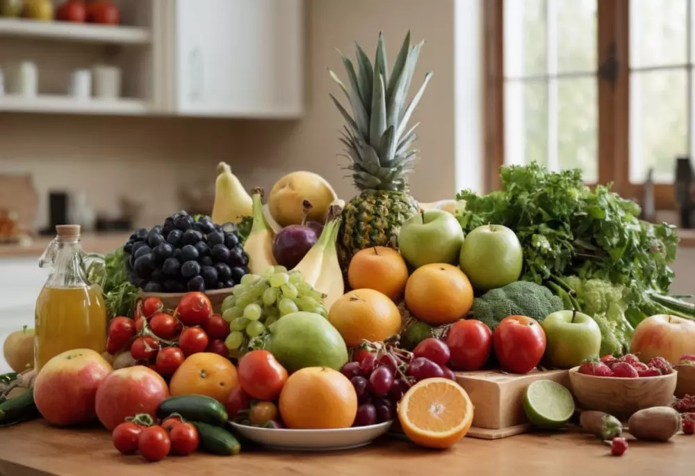 Auswahl an gesunden Lebensmitteln auf einem Tisch, Fokus auf Obst und Gemüse, Innenaufnahme, fotografisches, detailreiches Bild mit hellem Tageslicht.