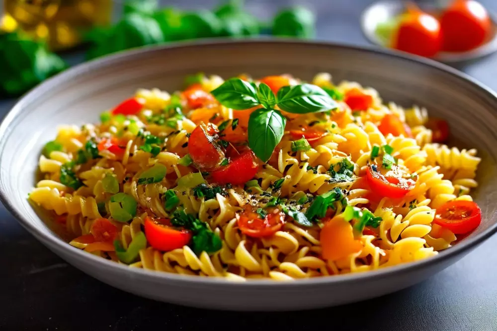 Eine Schüssel gekochter Pasta mit Gemüse, die kohlenhydratreiche Ernährungsoptionen repräsentiert. Fotografie mit dem Schwerpunkt auf dem Gericht, unter Verwendung von natürlichem Licht, um das ansprechende Aussehen der Mahlzeit zu betonen.
