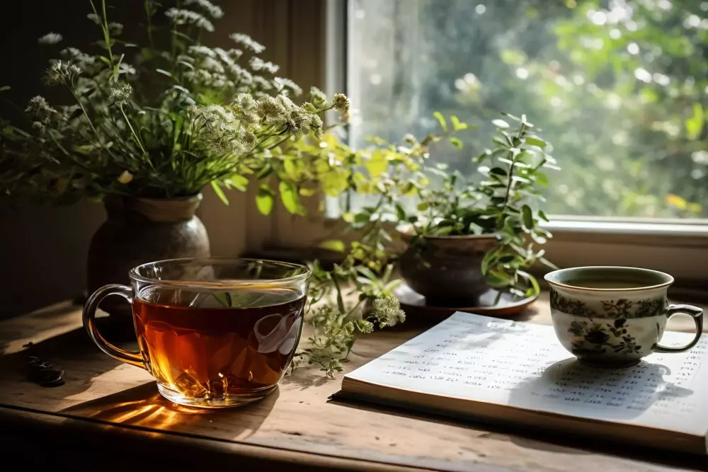A calendar with marked dates and a cup of herbal tea beside it on a serene table, Photographic, Photography in a well-lit indoor setting.