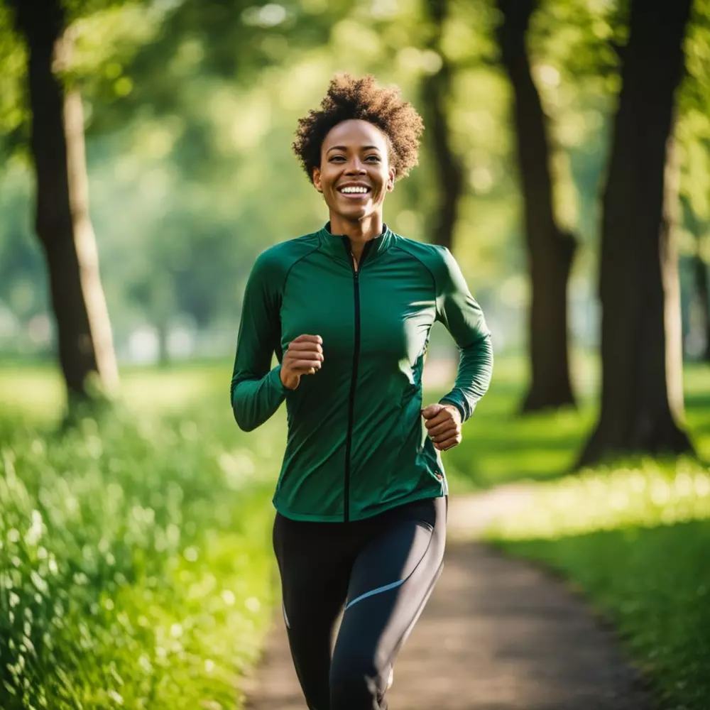 Eine Person joggt mit einem echten Lächeln im Freien in einem üppig grünen Park und strahlt Freude und die Ausschüttung von Endorphinen aus. Fotografie mit einem 35mm Objektiv, die den natürlichen Ausdruck im Licht des frühen Morgens einfängt.