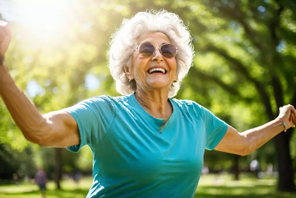 Ältere Frau, die freudig im Park Sport treibt, sich an leichten körperlichen Aktivitäten wie Spazierengehen oder Dehnen beteiligt, sonniger Tag, Fotografie im Freien im natürlichen Sonnenlicht, um die Energie und positive Stimmung einzufangen.