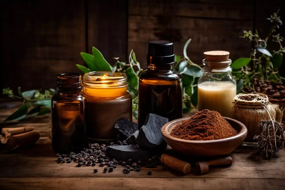 Un entorno rústico con tratamientos caseros para la celulitis como exfoliantes de café y aceites esenciales, presentados en una superficie de madera, con una iluminación suave y ambiente fotográfico.