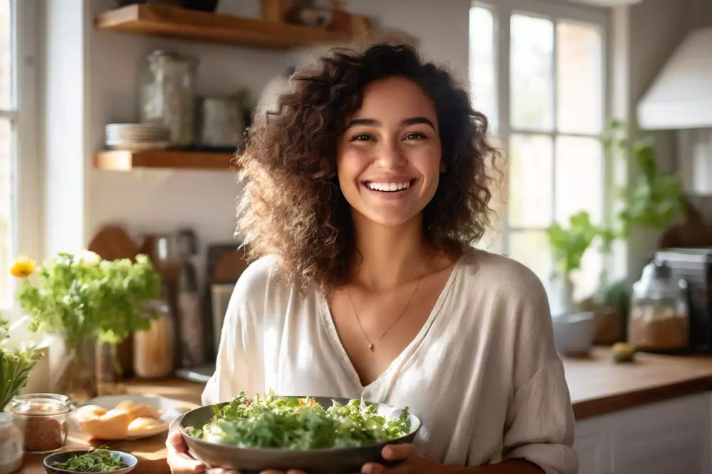 Eine zufriedene Person, die sich den Bauch hält, mit einem glücklichen und zufriedenen Gesichtsausdruck, in einer hellen und luftigen Kücheneinstellung, die ein Gefühl von Sättigung und Zufriedenheit vermittelt. Fotografie, verwendet eine mittlere Einstellung mit natürlichem Licht, um eine warme und einladende Atmosphäre zu schaffen.