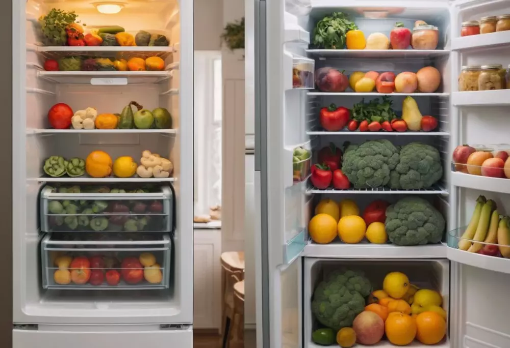 Vorher- und Nachher-Bilder eines Kühlschranks, zuerst gefüllt mit verarbeiteten Lebensmitteln, dann mit frischem Obst und Gemüse, in einer sauberen, hellen Küche, auf einem hochauflösenden Seitenansichtsfoto.