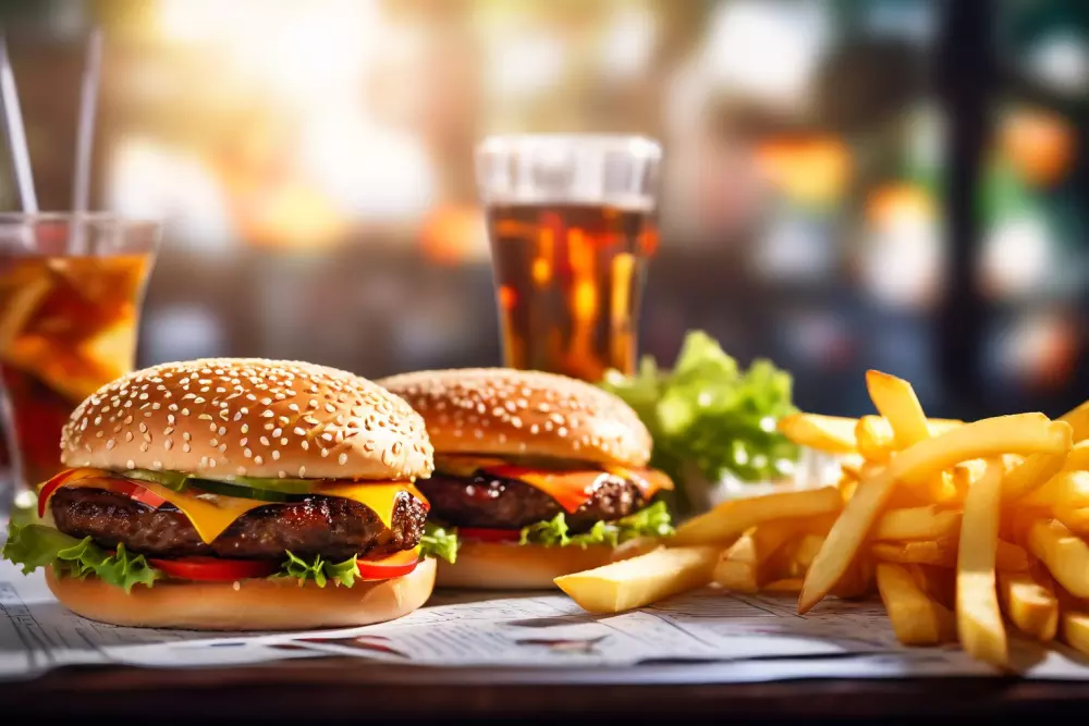 Nahaufnahme von ungesunden Fast-Food-Artikeln wie Burgern und Pommes mit einem unscharfen Hintergrund, der einen medizinischen Bericht zeigt. Fotografische Nahaufnahme mit scharfem Fokus auf das Essen und einem weichen Bokeh-Effekt im Hintergrund.