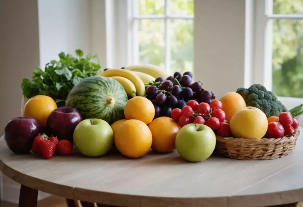 Frutas y verduras frescas sobre una mesa, iluminadas con luz natural, fotografiadas con un lente gran angular para mostrar una variedad de opciones de alimentos saludables.