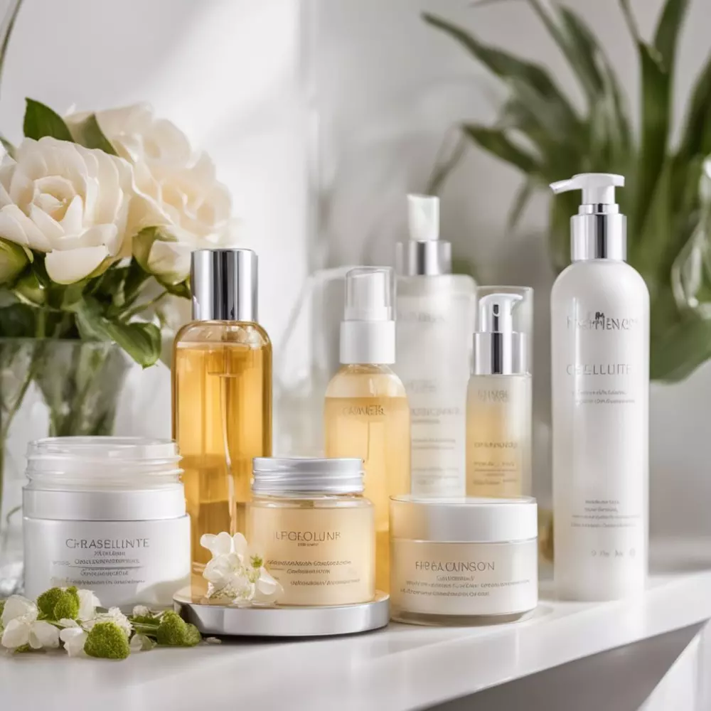 Verschiedene Hautpflegeprodukte werden elegant präsentiert und betonen ihre Verwendung zur Verbesserung des Erscheinungsbildes von Cellulite. Die Fotografie erfolgt in einer sauberen, hellen Umgebung.