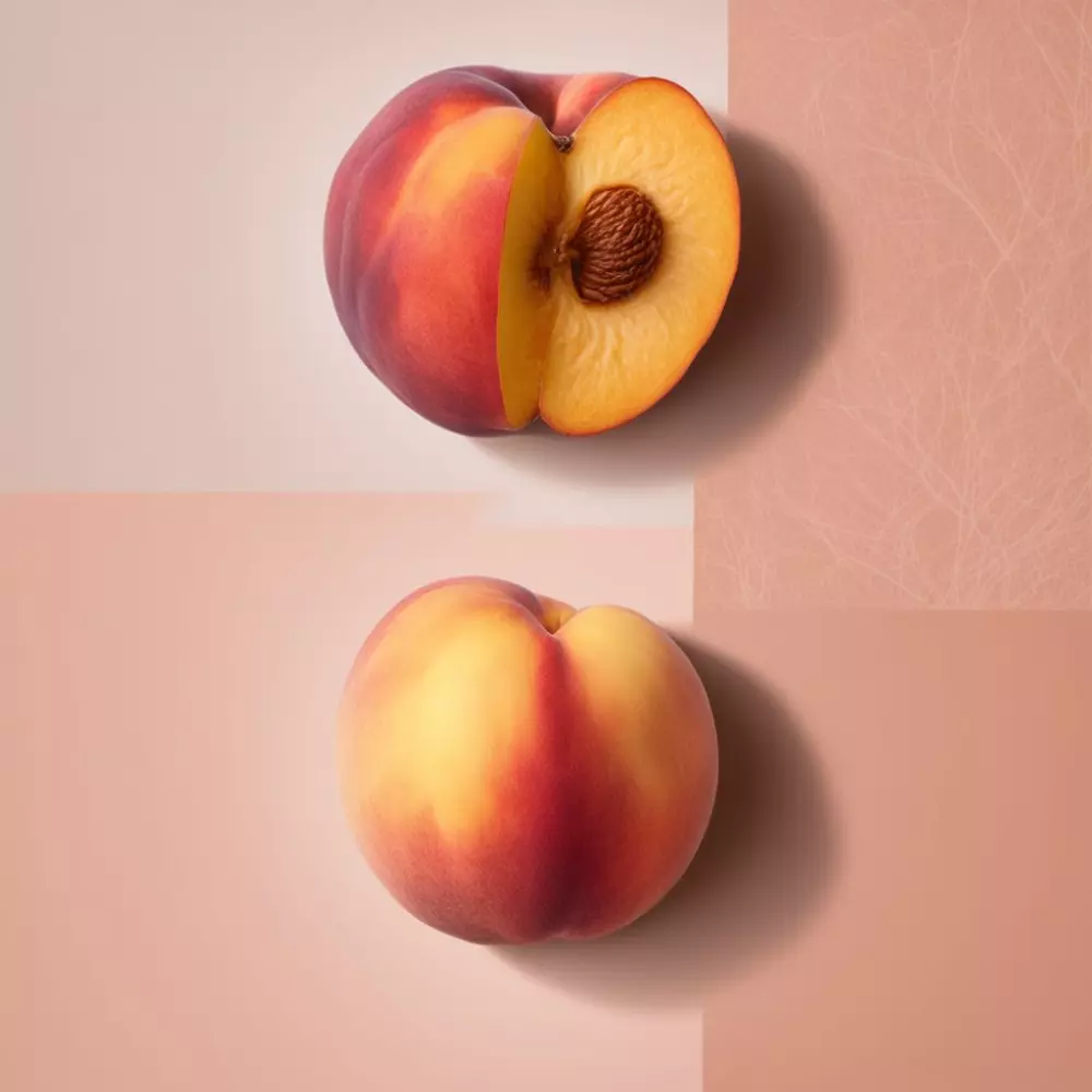 Seitliche Vergleich eines Pfirsichs mit und ohne ein Lifting-Faden, der die Hautstraffheit vor und nach dem Eingriff symbolisiert.