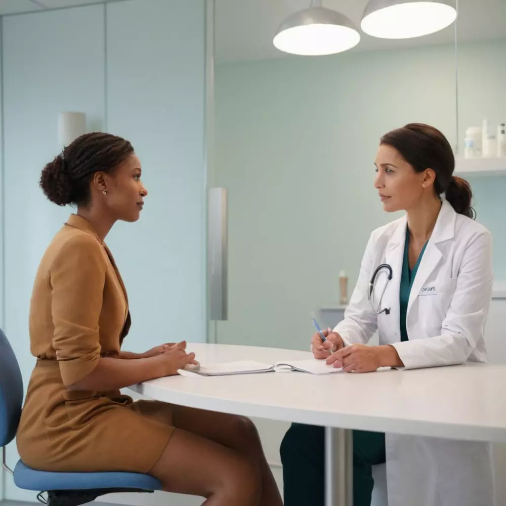 Ein medizinischer Fachmann bespricht Behandlungsdetails mit einem Patienten in einer modernen, gut beleuchteten Klinik und vermittelt ein Gefühl von Professionalität und Fürsorge. Fotografierstil mit hoher Auflösung und weichem, natürlichem Licht.