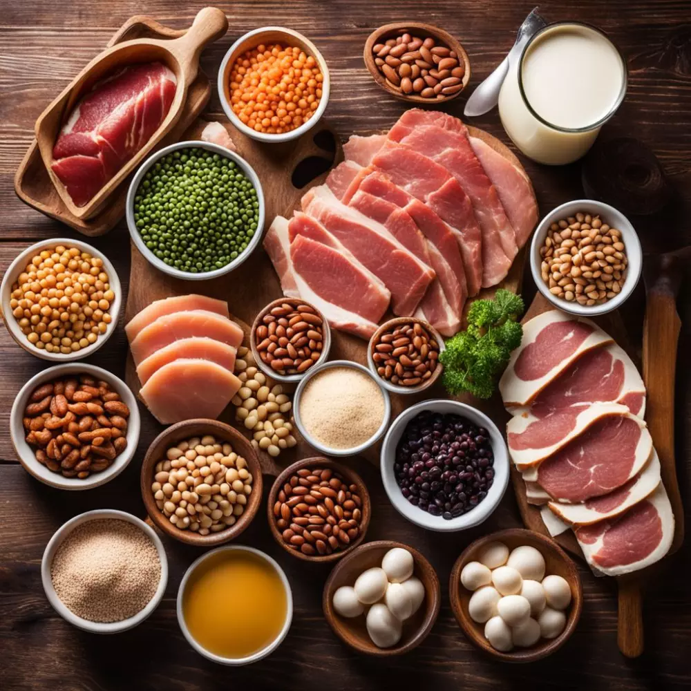 Eine Vielzahl von proteinreichen Lebensmitteln, ordentlich auf einem Holztisch arrangiert, die Fleisch, Milchprodukte und Hülsenfrüchte hervorheben, in einer hellen, appetitlichen Umgebung. Fotografie, aufgenommen mit einem Makroobjektiv, um die Textur und Farben im weichen natürlichen Licht einzufangen.