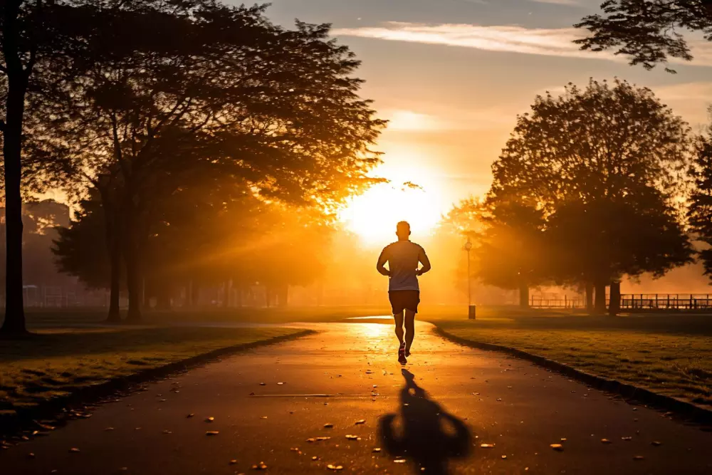 Eine Person joggt im Park bei Sonnenaufgang, was regelmäßige körperliche Aktivität zur Gewichtsabnahme symbolisiert. Fotografie mit einer Totalen, die die Ruhe des Morgens und die dynamische Bewegung beim Joggen einfängt.