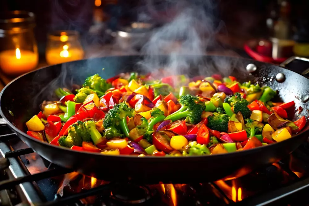 Ein buntes Gemüsepfanne in einem Wok, lebhaft mit Grüntönen, Rot und Gelb, auf einem Herd, mit aufsteigendem Dampf, in einer lebendigen Küchenatmosphäre. Fotografisch, Fotografie mit hoher Auflösung und natürlichem Küchenlicht.