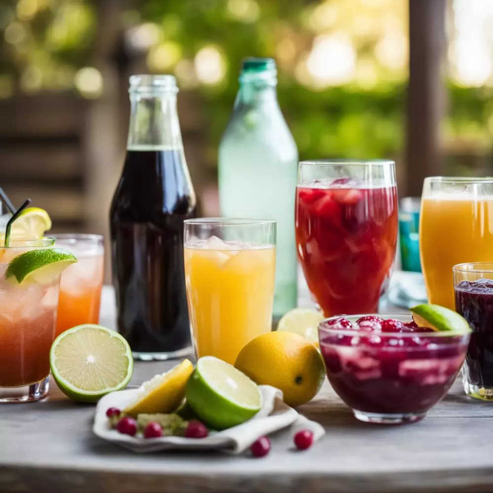 Ein Tisch mit einer Vielzahl von Getränken, sowohl gesunde als auch ungesunde Optionen, in einer hellen Umgebung, fotografisch festgehalten mit einer DSLR-Kamera in hoher Auflösung.