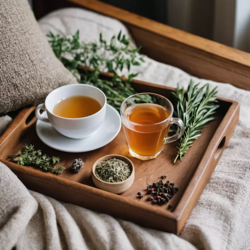 Weiche, tröstliche Gegenstände wie eine kuschelige Decke und Kräutertee auf einem Holztablett, die ein Gefühl von Fürsorge und Heilung vermitteln. Fotografie mit natürlichem Licht und einer mittleren Einstellung.