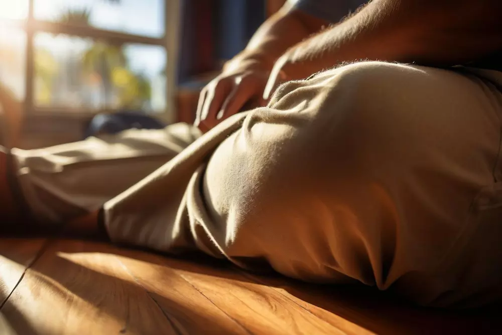 Close-up of a person's knees while sitting in a relaxed position on a soft surface, highlighting the inner knee, in a photographic style, captured with a macro lens, emphasizing the detailed contour and smoothness of the knee area.