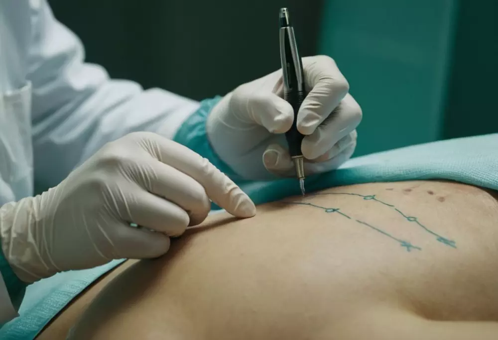 Una foto detallada de las manos de un cirujano marcando el área de la cintura con un bolígrafo quirúrgico para la lipoescultura, en un entorno médico, bajo una iluminación clínica brillante. Fotografía con un primer plano utilizando una lente de 85 mm para capturar la precisión de las marcas, asegurando un alto nivel de detalle y una composición profesional.