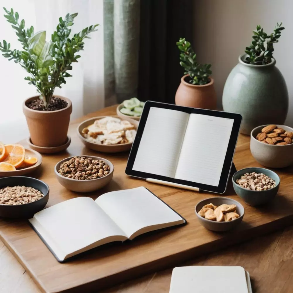 Ruhige häusliche Umgebung mit Tagebüchern, gesunden Snacks und einer Achtsamkeitsmeditations-App, die auf einem Tablet geöffnet ist, vermittelt eine Lebensstiländerung zur Gewichtsabnahme. Fotografie mit weichem Licht und klarem Fokus.