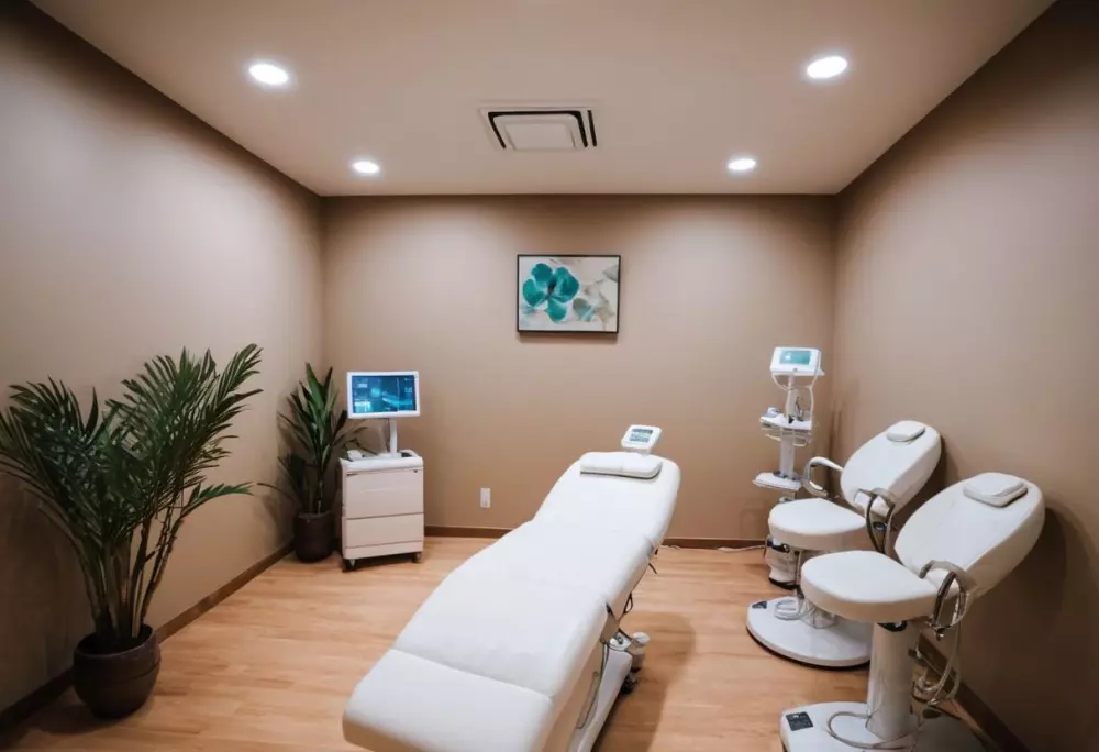 Una moderna sala de spa médico con equipos de liposucción no quirúrgica como un láser o una máquina de ultrasonido, en un entorno limpio y acogedor. Fotografías con un enfoque claro y luz ambiental.