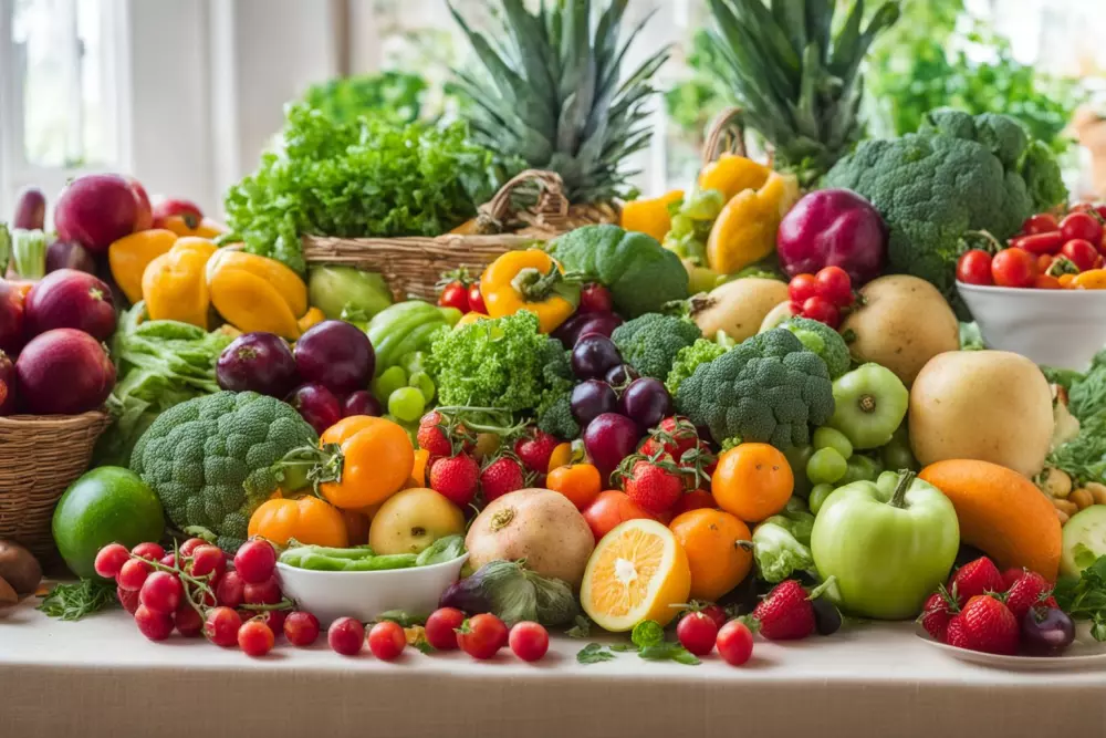 Fresh vegetables and fruits on a table, a vibrant and colorful display of nutritious food options for a healthy pregnancy diet, indoors, with bright natural light, Photographic, Detailed photography with a macro lens.