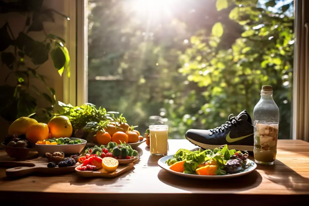 Parche adelgazante junto a un plato de comida saludable y zapatillas para correr sobre una mesa de madera, la escena está bien iluminada con luz natural entrando por una ventana. Fotografía capturando la esencia de un estilo de vida saludable con una cámara DSLR en luz natural.