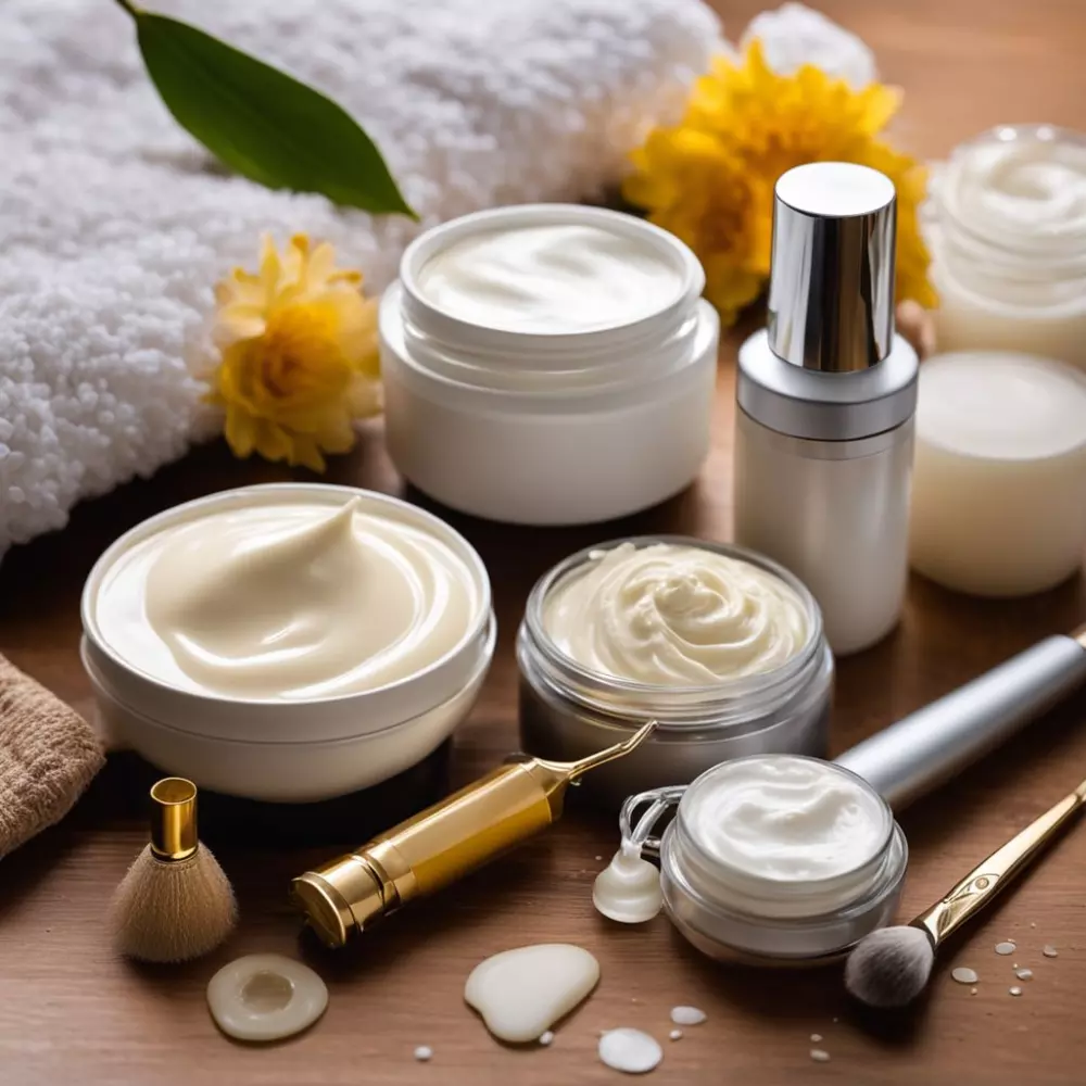 Variedad de cremas y herramientas para el tratamiento de la celulitis exhibidas sobre una superficie de madera, con una iluminación ambiental suave. Fotografía tomada con una lente de enfoque nítido para capturar los detalles del producto.