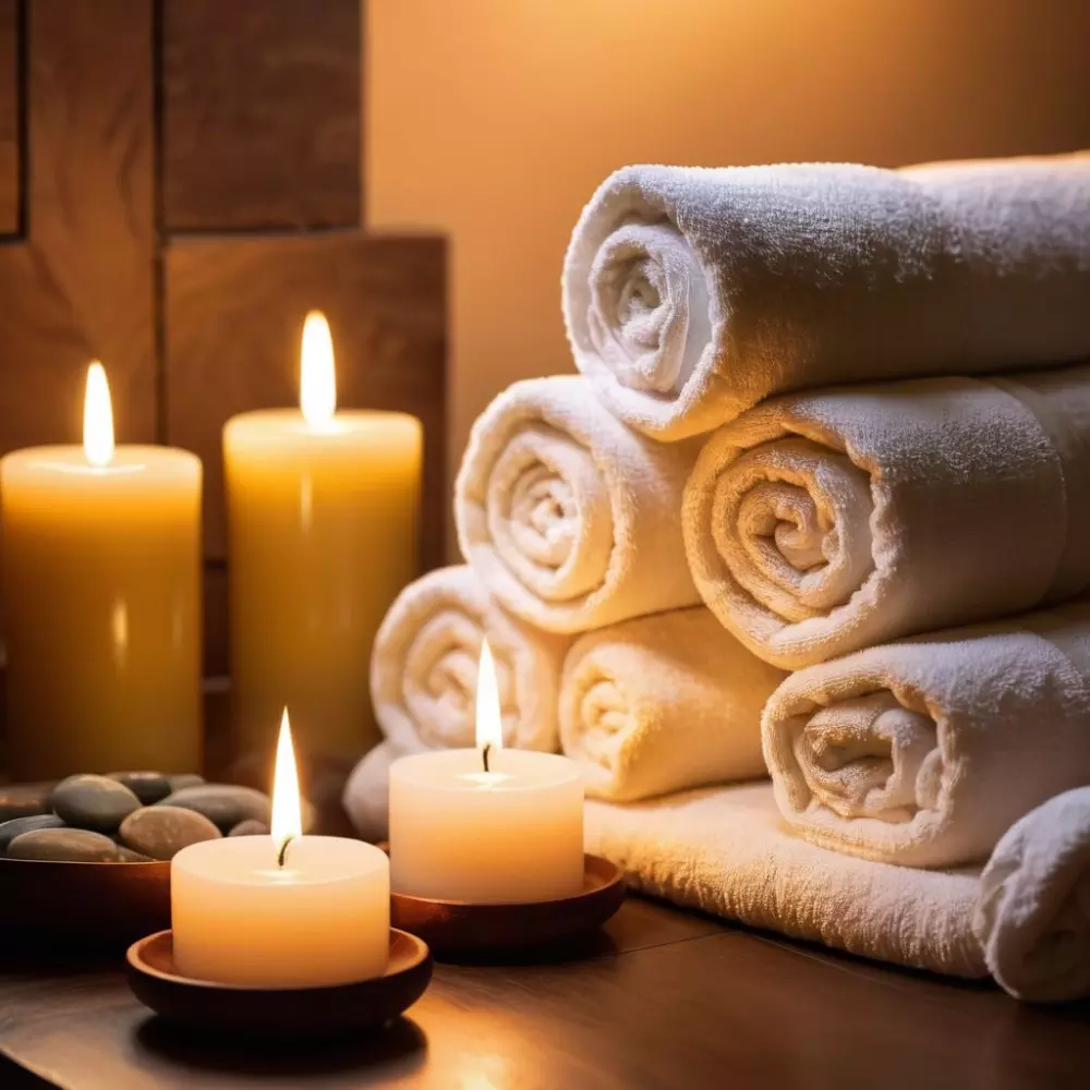 Entorno de spa tranquilo y relajante después de una sesión de mesoterapia con elementos relajantes como velas y toallas suaves, luz ambiental suave creando una atmósfera de paz, estilo fotográfico, fotografía detallada capturando la tranquilidad post-cuidado.