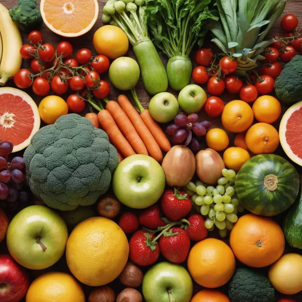 Eine bunte Darstellung verschiedener gesunder Lebensmittel wie Obst und Gemüse, die eine ausgewogene Ernährung zur Reduzierung von Cellulite darstellen, fotografiert bei hellem, natürlichem Licht.