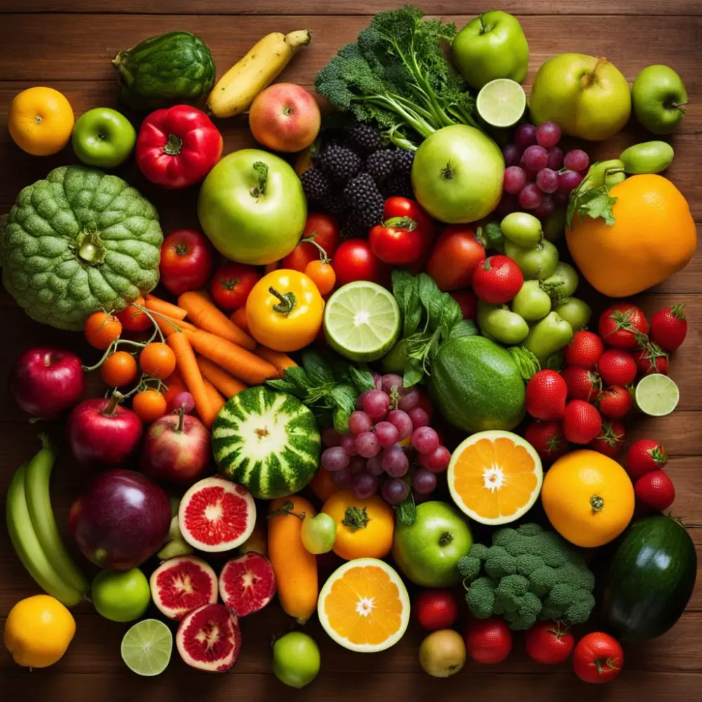 Helles, buntes Sortiment von Früchten und Gemüse auf einem Holztisch, im natürlichen Licht, um eine gesunde Ernährung zu repräsentieren, fotografisch festgehalten mit einem Weitwinkelobjektiv, um die Vielfalt einzufangen.