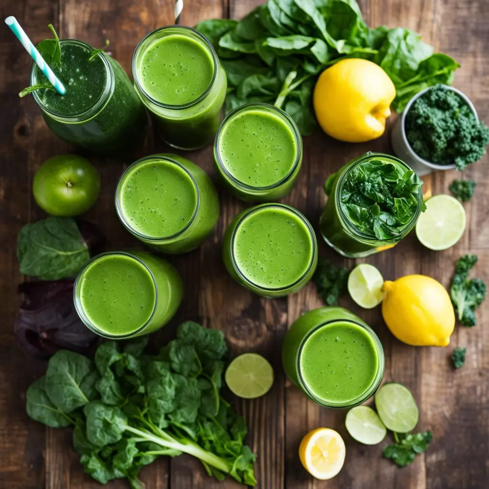 Una colección de batidos verdes en diferentes vasos, rodeados de ingredientes como espinacas y col rizada, sobre una mesa de madera rústica, iluminados por luz natural creando un ambiente fresco y atractivo, capturados en primer plano con un enfoque nítido.