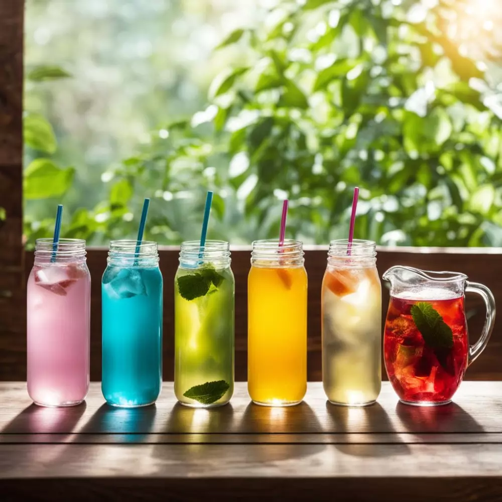 Ein Array von zuckerhaltigen Getränken im Kontrast zu Wasser und Kräutertee auf einem Holztisch, das die Auswahlmöglichkeiten in einer hellen, luftigen Umgebung zeigt, eingefangen in einem hochauflösenden, lebendigen Farbfoto.