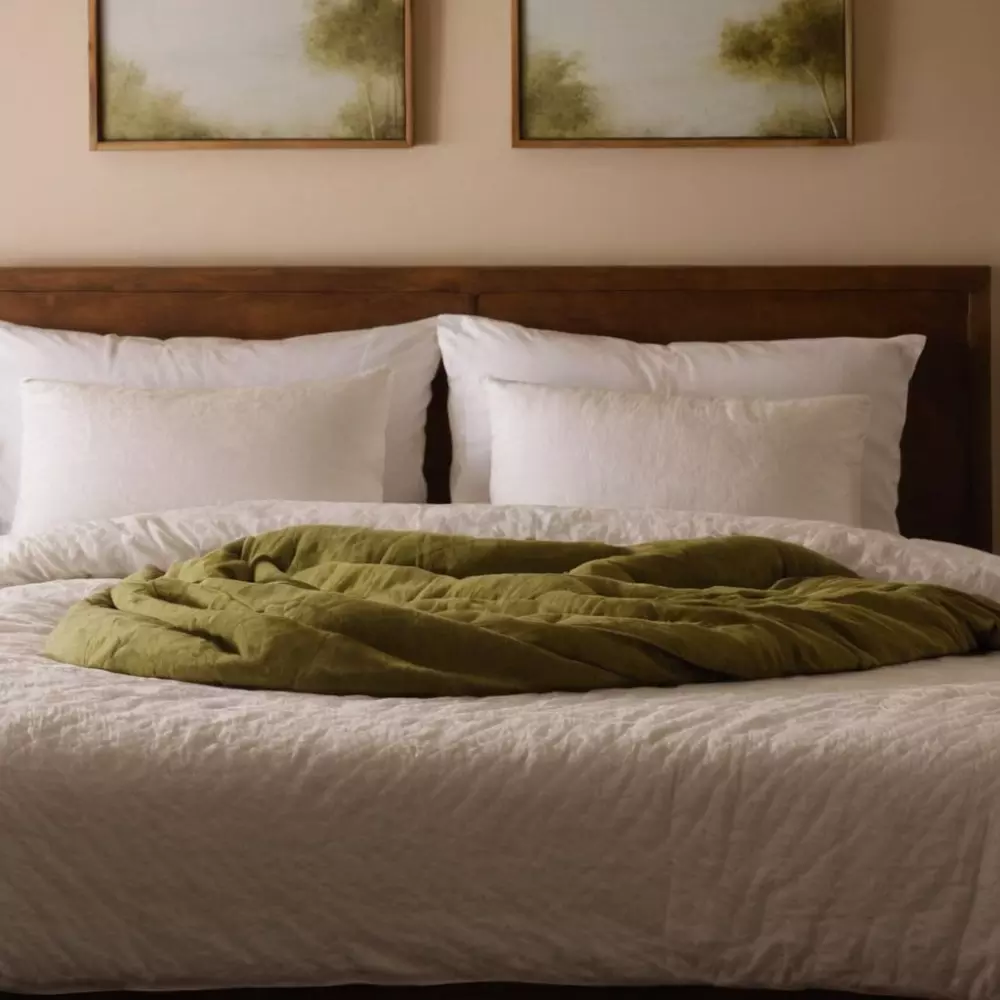 Eine ruhige und einladende Schlafumgebung mit weicher Bettwäsche und gedämpftem Licht, die eine friedliche und erholsame Atmosphäre betont, ideal für einen erfrischenden Schlaf. Fotografie mit weichem Fokus und Umgebungslicht, das eine ruhige und beruhigende Szene schafft.