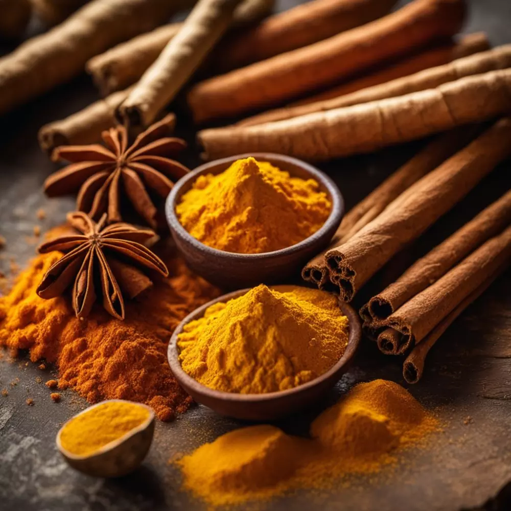 Eine Nahaufnahme von Kurkuma, Zimt und Ingwer auf einer rustikalen Küchenoberfläche, die die Texturen und lebendigen Farben betont. Fotografischer Stil, aufgenommen mit einem Makroobjektiv bei natürlichem Licht, um die Details hervorzuheben.