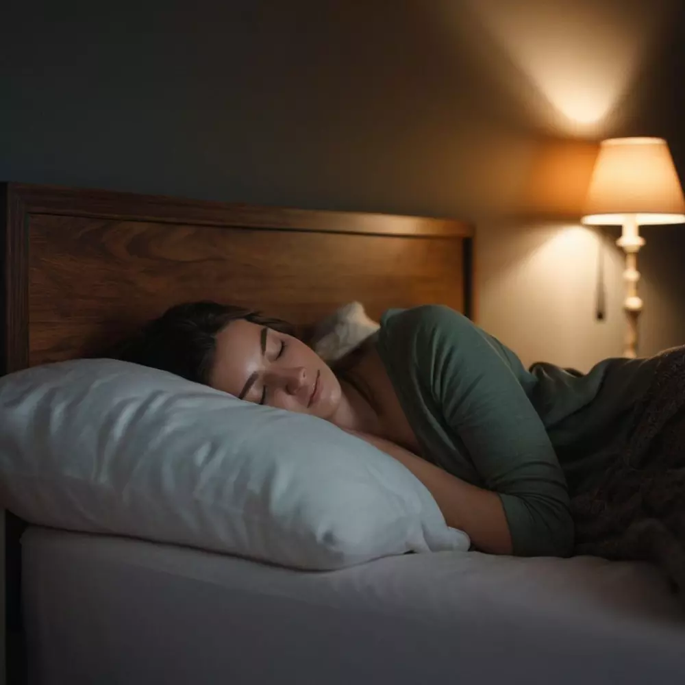 Ein friedlich schlafender Mensch in einem gemütlichen, dunklen Schlafzimmer, entspannte und ruhige Atmosphäre, Fotografie mit sanfter, stimmungsvoller Schlafzimmerbeleuchtung.