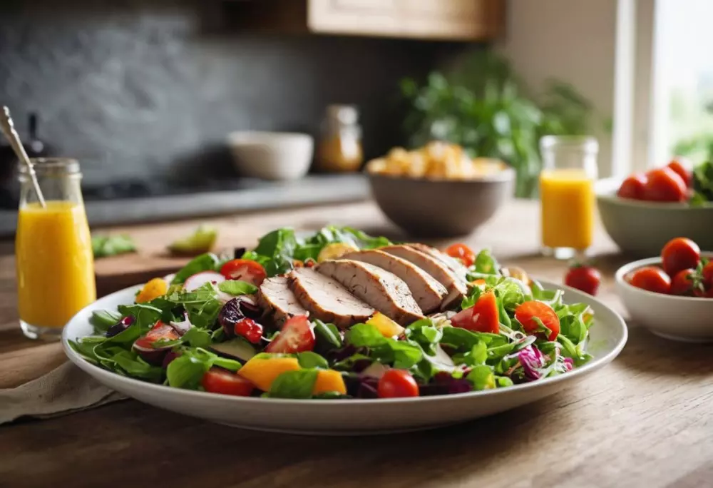 Una comida fresca y saludable en una mesa, una ensalada colorida con proteínas magras, un ambiente de cocina brillante y limpio, luz natural iluminando los ingredientes frescos, fotografía de alta resolución que captura los colores vibrantes y texturas de una comida saludable.