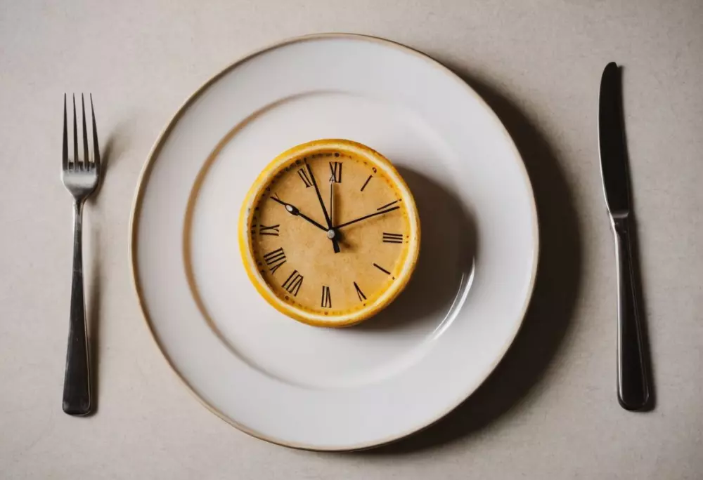 Eine minimalistische Mahlzeit mit einer Uhr neben dem Teller, die die Mahlzeitenzeit beim intermittierenden Fasten angibt. Fotografie mit Fokus auf Einfachheit und Klarheit unter Verwendung von sanftem Tageslicht.