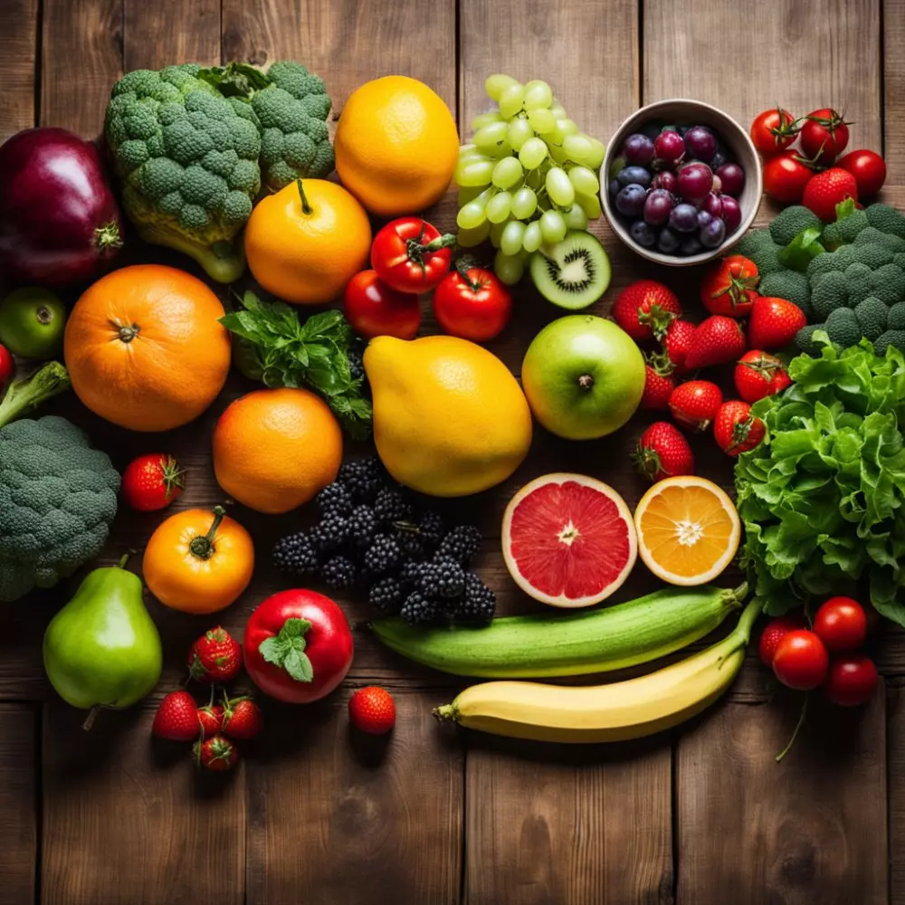 Eine Vielzahl von frischem Obst und Gemüse auf einem Holztisch, symbolisierend eine Anti-Cellulite-Diät, fotografiert, lebendig und detailreich mit natürlicher Beleuchtung.