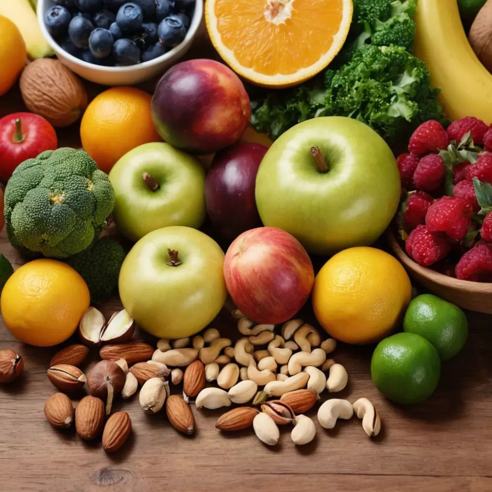 Eine bunte Anordnung verschiedener gesunder Lebensmittel wie Obst, Gemüse und Nüsse auf einem Holztisch, die Frische und Ernährung betonen, in einer hellen Innenraumumgebung mit weichem natürlichem Licht, eingefangen in einem hochauflösenden fotografischen Stil mit einem Makroobjektiv für Details.