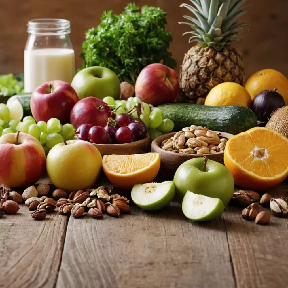 Auswahl an gesunden Lebensmitteln, darunter Obst, Gemüse und Nüsse, ordentlich auf einem rustikalen Holztisch arrangiert, aufgenommen in einer hellen, einladenden Kücheneinstellung. Fotografie mit einem Makroobjektiv, das Texturen und natürliche Farben hervorhebt.