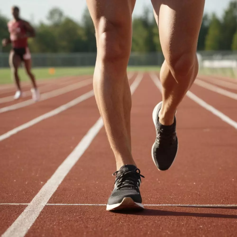 Nahaufnahme muskulöser Beine auf einer Laufbahn, die Stärke und Entschlossenheit zeigt, mit hoher Auflösung und natürlichem Sonnenlicht.
