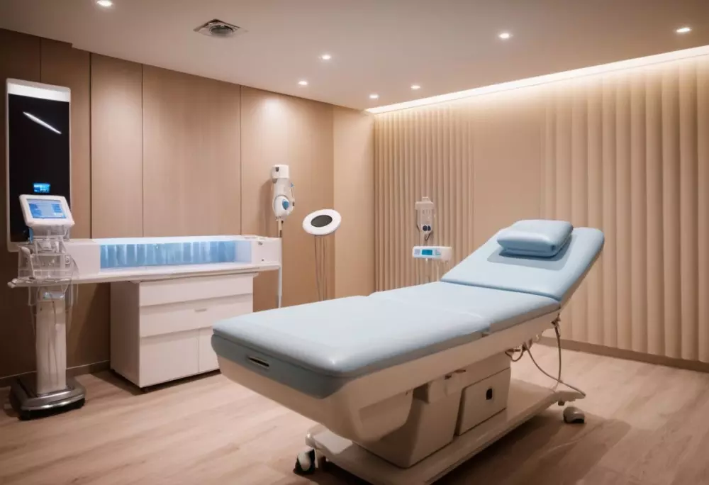 Moderne ästhetische Klinikbehandlungsräume mit einer Fett-Einfrier-Maschine und einem bequemen Patientenbett unter sanftem Umgebungslicht, umgesetzt im fotografischen Stil.