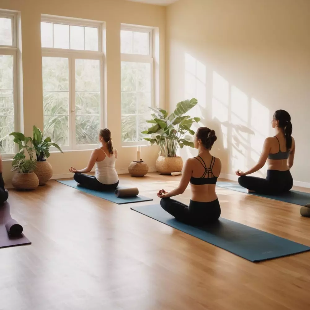 Friedliche Yogasitzung in einem sonnendurchfluteten Raum, mit Yogamatten, Pflanzen und ruhigen Personen, die praktizieren, symbolisiert ergänzende Aktivitäten zur Akupunktur zur Gewichtsabnahme, im fotografischen Stil, der Ruhe und Wohlbefinden betont.