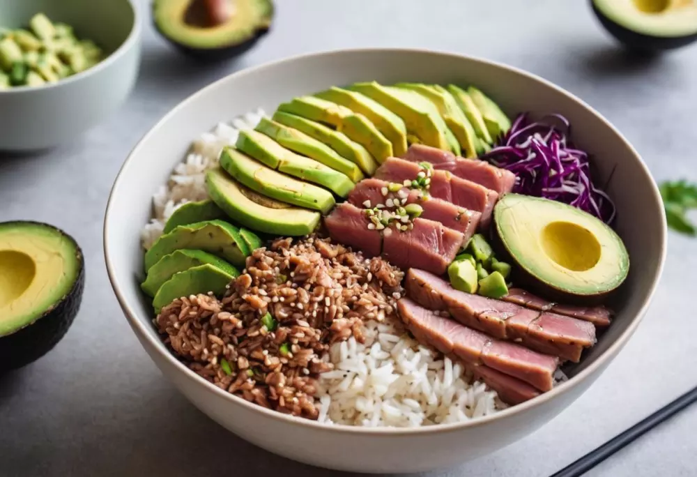 Eine bunte Poke-Bowl mit Thunfisch, Avocado und Reis, garniert mit Sesamsamen, in einer modernen Küchenumgebung, die Frische und Gesundheit betont. Fotografie mit einer Draufsicht und hellem Tageslicht.