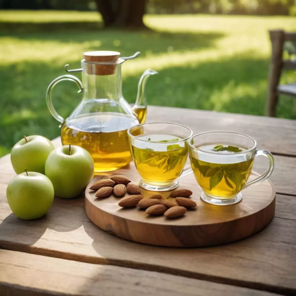 Ein hölzerner Tisch, der mit einer Vielzahl natürlicher Unterdrücker wie grünem Tee, Mandeln und Äpfeln bedeckt ist, in einer sonnigen Außenumgebung, die Frische und Gesundheit vermittelt. Fotografiert mit einem Weitwinkelobjektiv, um die natürlichen Texturen und lebendigen Farben der Zutaten einzufangen.