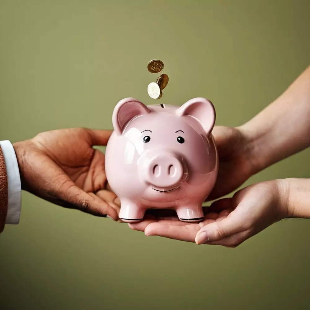 Hände tauschen eine Spardose aus, symbolisierend persönliche Finanzlösungen, mit klarem Fokus auf den Austausch, drinnen, fotografisch, Fotografie mit einem 50mm Objektiv, weiches Studio-Licht und eine detaillierte Ansicht.