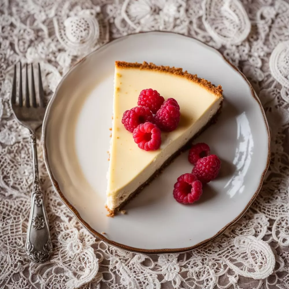 Ein Stück Low-Carb-Käsekuchen auf einem Keramikteller, garniert mit einer Himbeere, auf einer Spitzen-Tischdecke, in einem Vintage-Ambiente mit sanfter Beleuchtung, betont Genuss ohne Schuldgefühle, fotografisch, Fotografie mit Nahaufnahme und weichem Fokus.
