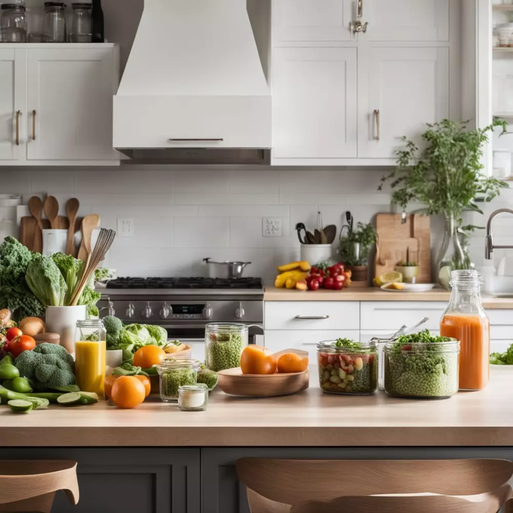 A neatly organized kitchen counter with healthy foods and a meal plan visible, in a clean, well-lit environment, photographed in high resolution to showcase the freshness of the ingredients.