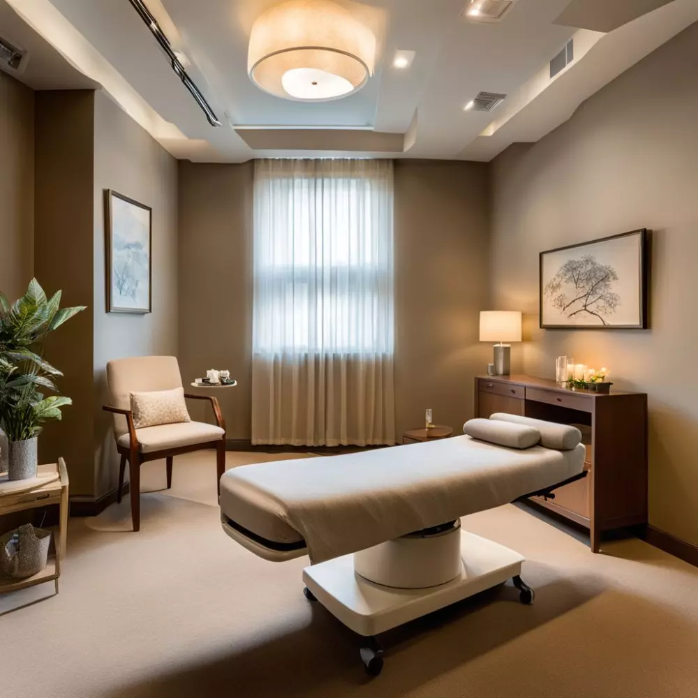 Comfortable recovery environment post-Vaser Liposuction, a peaceful and calming recovery room with soft furnishings and a serene ambiance, with warm ambient light, Photographic, Interior photography showcasing the recovery space with a wide-angle lens and natural color palette.