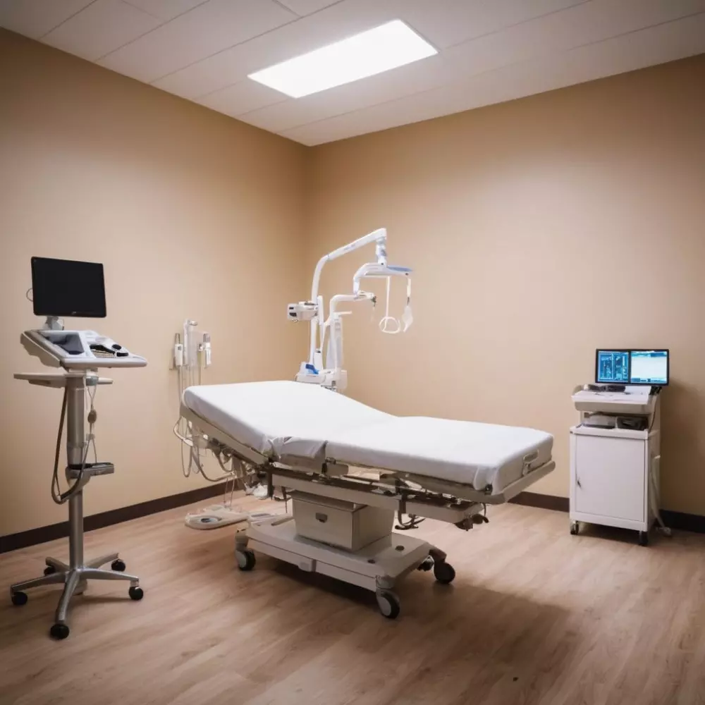 Ruhiger Behandlungsraum mit moderner medizinischer Ausstattung und sanfter Umgebungsbeleuchtung, mit einem Fokus auf einem leeren Patientenbett. Fotografiert mit einem Weitwinkelobjektiv, um den gesamten Raum auf professionelle und einladende Weise einzufangen.