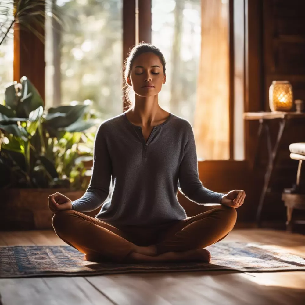 Eine Person sitzt friedlich in einer meditativen Pose zu Hause, praktiziert Selbsthypnose mit Fokus auf Entspannung und Konzentration, fotografiert in einer warm beleuchteten Innenumgebung.